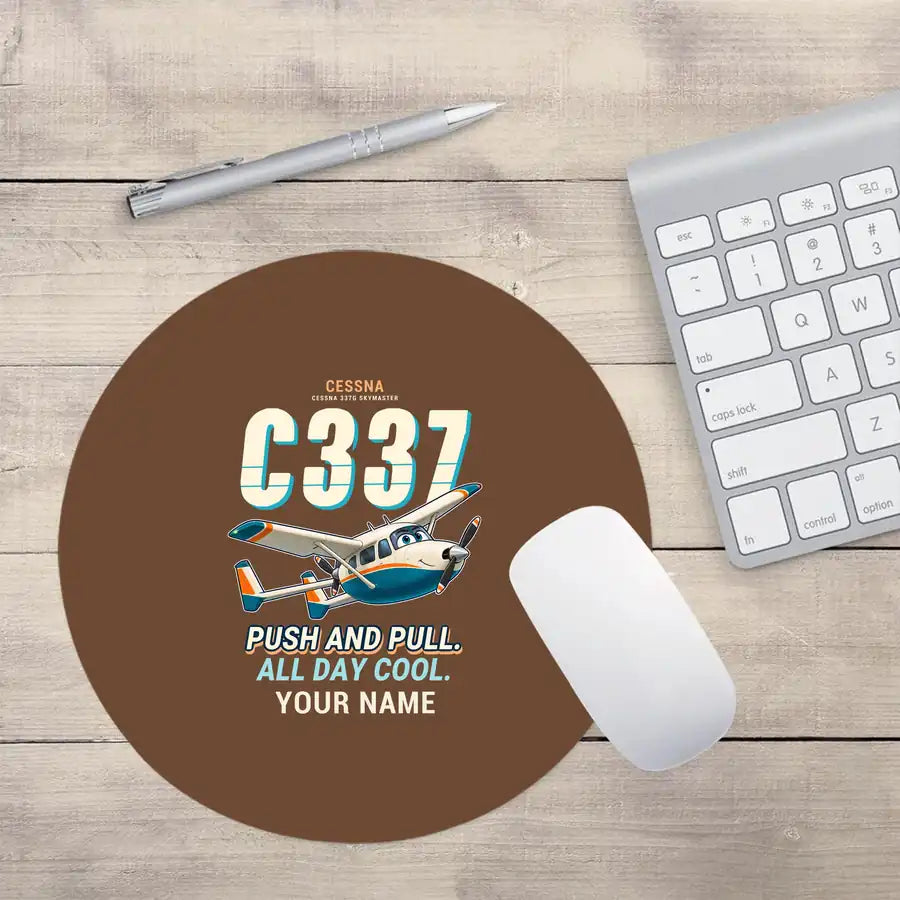 Cessna 337G Skymaster - Cartoon + Name - Round Mouse Pad - Brown