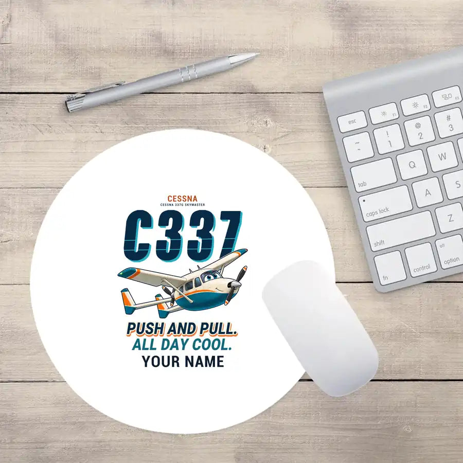 Cessna 337G Skymaster - Cartoon + Name - Round Mouse Pad - White