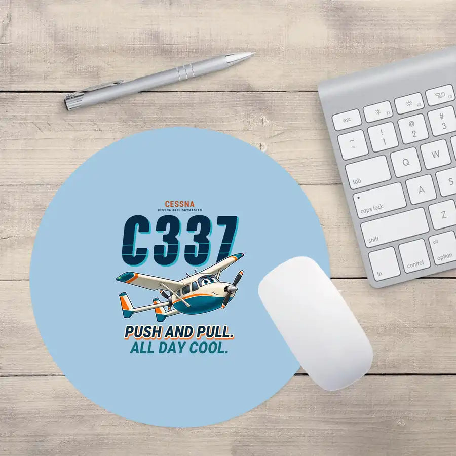 Cessna 337G Skymaster - Cartoon - Round Mouse Pad - Light Blue