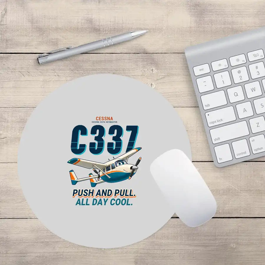 Cessna 337G Skymaster - Cartoon - Round Mouse Pad - Light Gray
