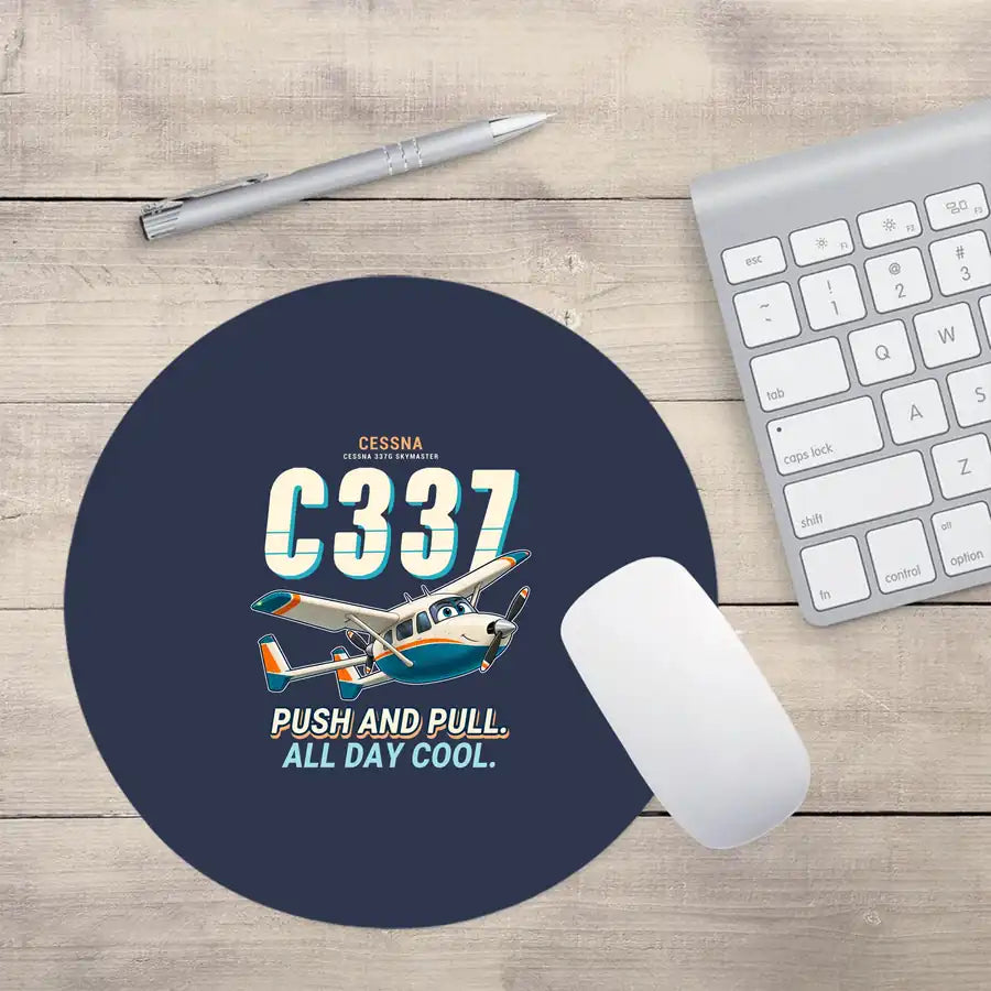 Cessna 337G Skymaster - Cartoon - Round Mouse Pad - Navy Blue