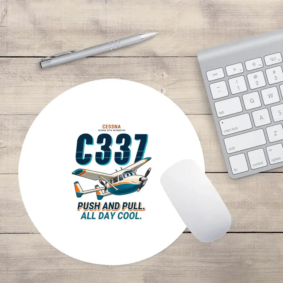 Cessna 337G Skymaster - Cartoon - Round Mouse Pad - White