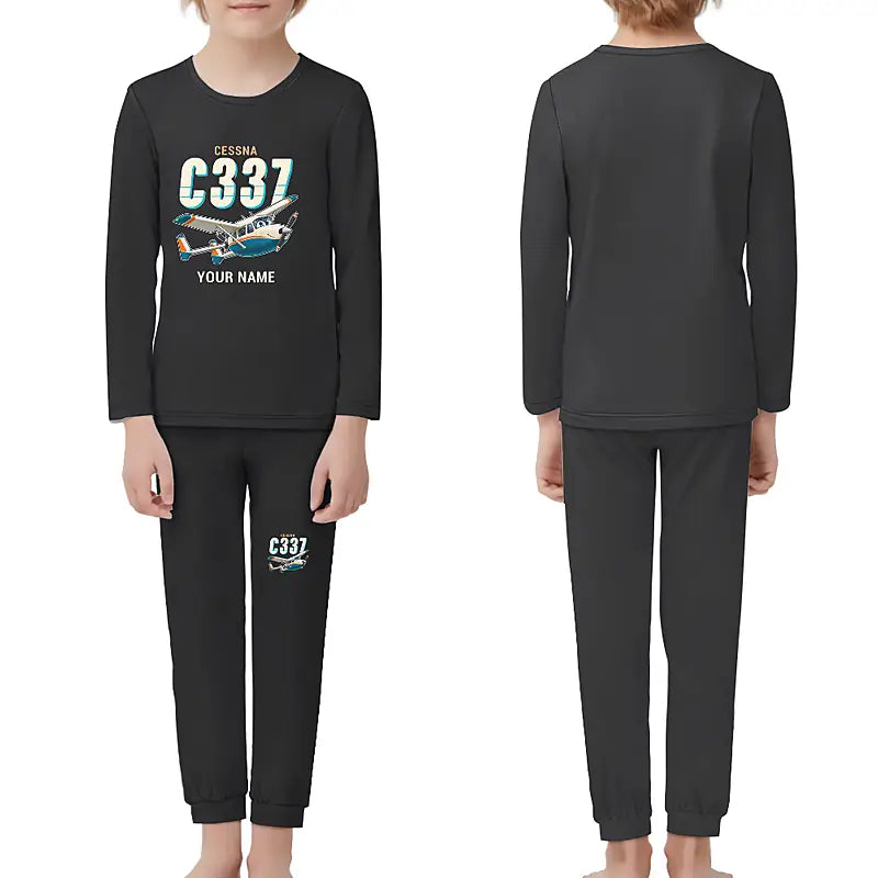 Cessna 337G Skymaster - Children Pajamas - Cartoon Chest + Name - Black