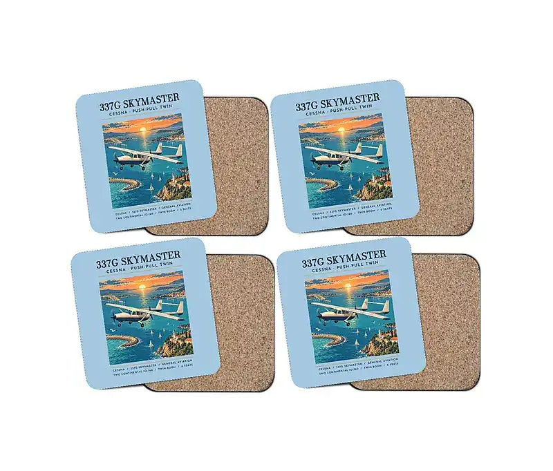 Cessna 337G Skymaster - Poster - Coaster Set - Light Blue