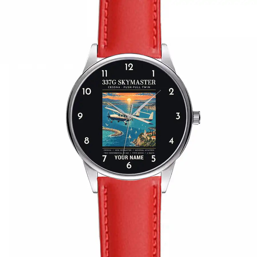 Cessna 337G Skymaster - Poster + Name - Leather Strap - Red Leather Strap