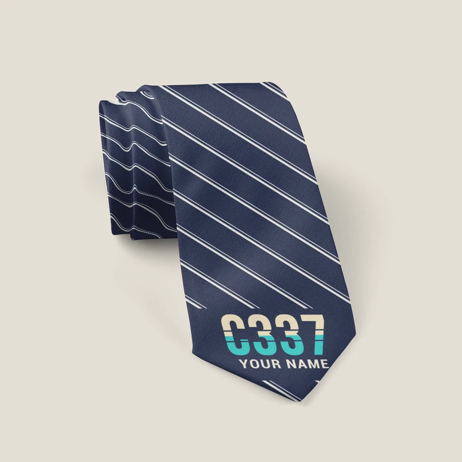 Cessna 337G Skymaster - Stripe + Name - Tie - Navy Blue