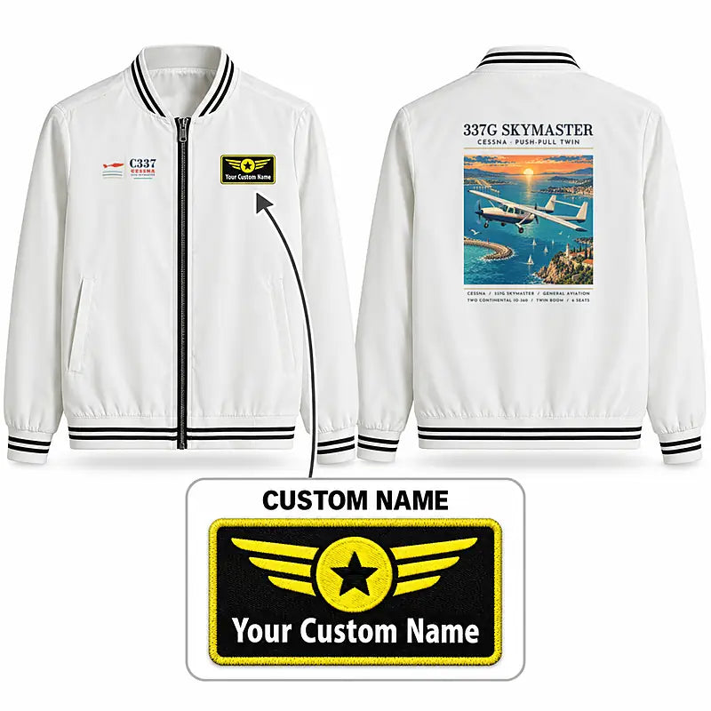 Cessna 337G Skymaster Stylish Jackets - Baseball Collar - Poster + Name - White