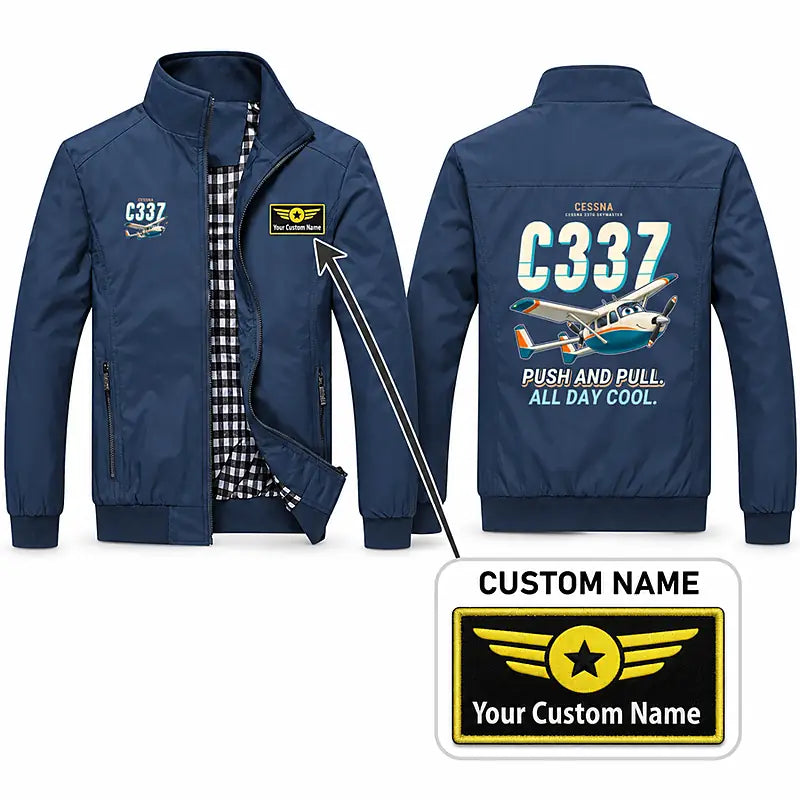 Cessna 337G Skymaster Stylish Jackets - Stand Collar - Cartoon + Name - Navy Blue