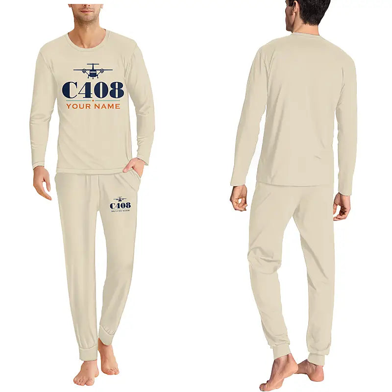 Cessna 408 SkyCourier - Men Pajamas - Heritage Chest + Name - Beige