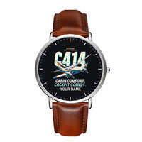 Thumbnail for Cessna 414A Chancellor - Cartoon + Name - Slim Leather - Silver and Brown Leather Strap