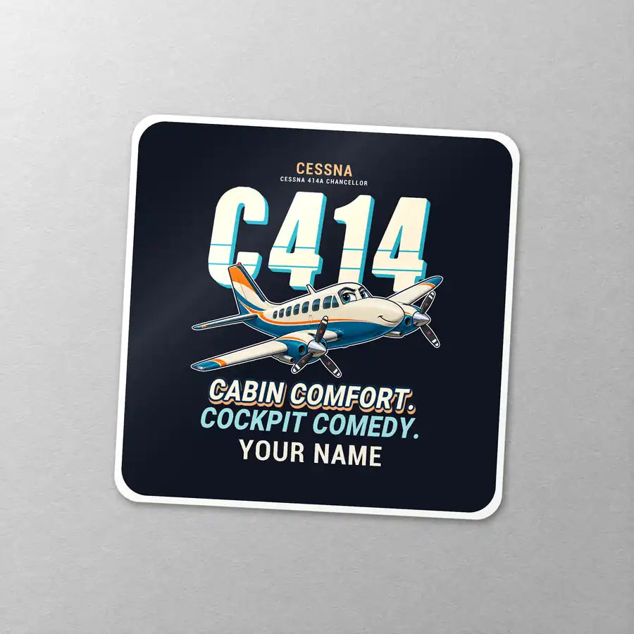 Cessna 414A Chancellor - Cartoon + Name - Square Sticker - Close-up