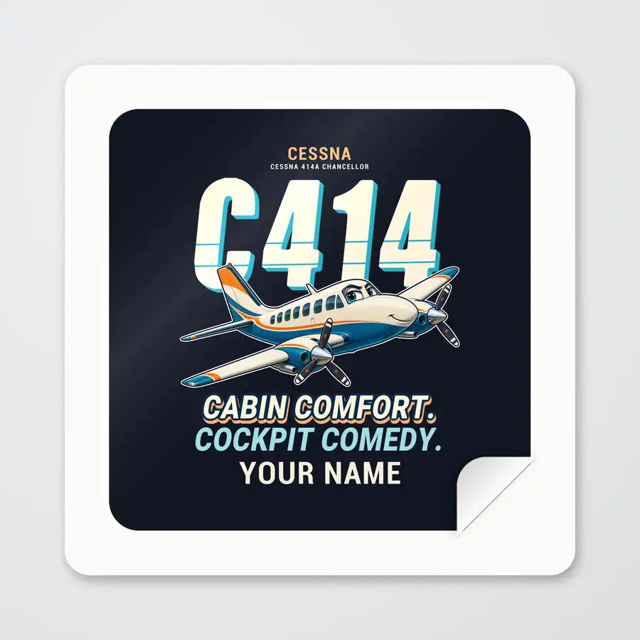 Cessna 414A Chancellor - Cartoon + Name - Square Sticker - Peel