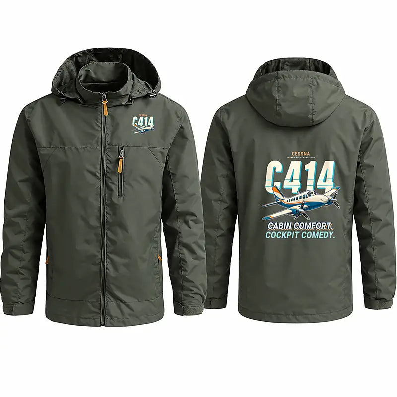 Cessna 414A Chancellor Stylish Jackets - Hooded Windbreaker - Cartoon - Olive Green