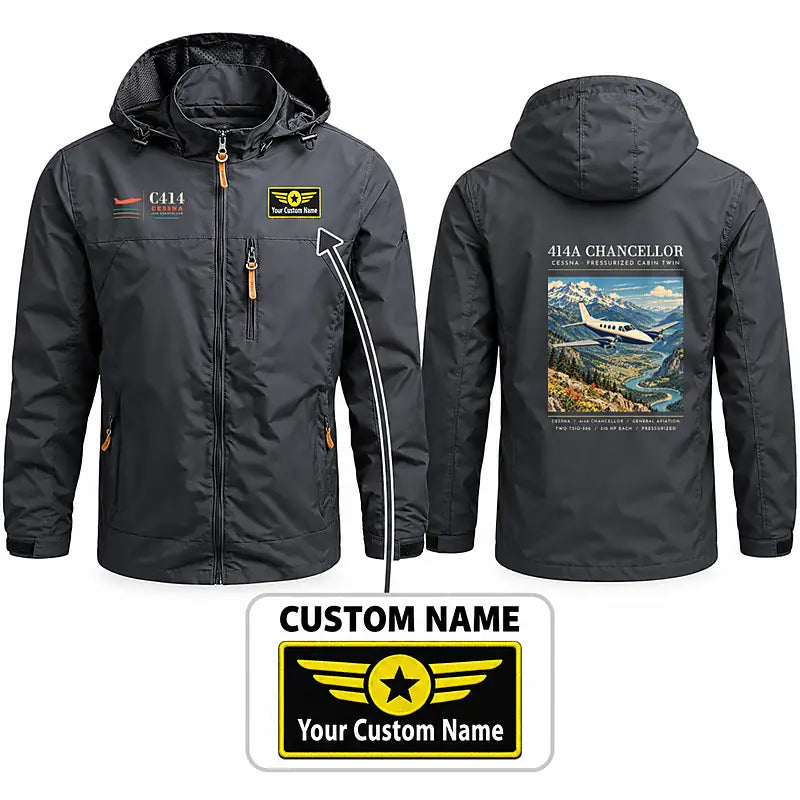 Cessna 414A Chancellor Stylish Jackets - Hooded Windbreaker - Poster + Name - Charcoal