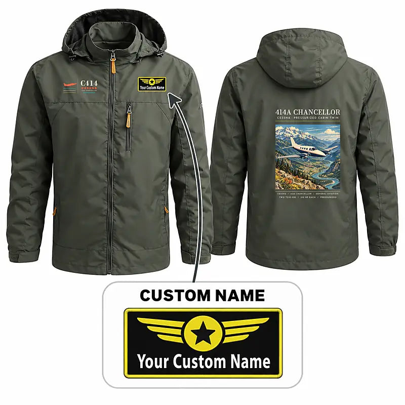 Cessna 414A Chancellor Stylish Jackets - Hooded Windbreaker - Poster + Name - Olive Green