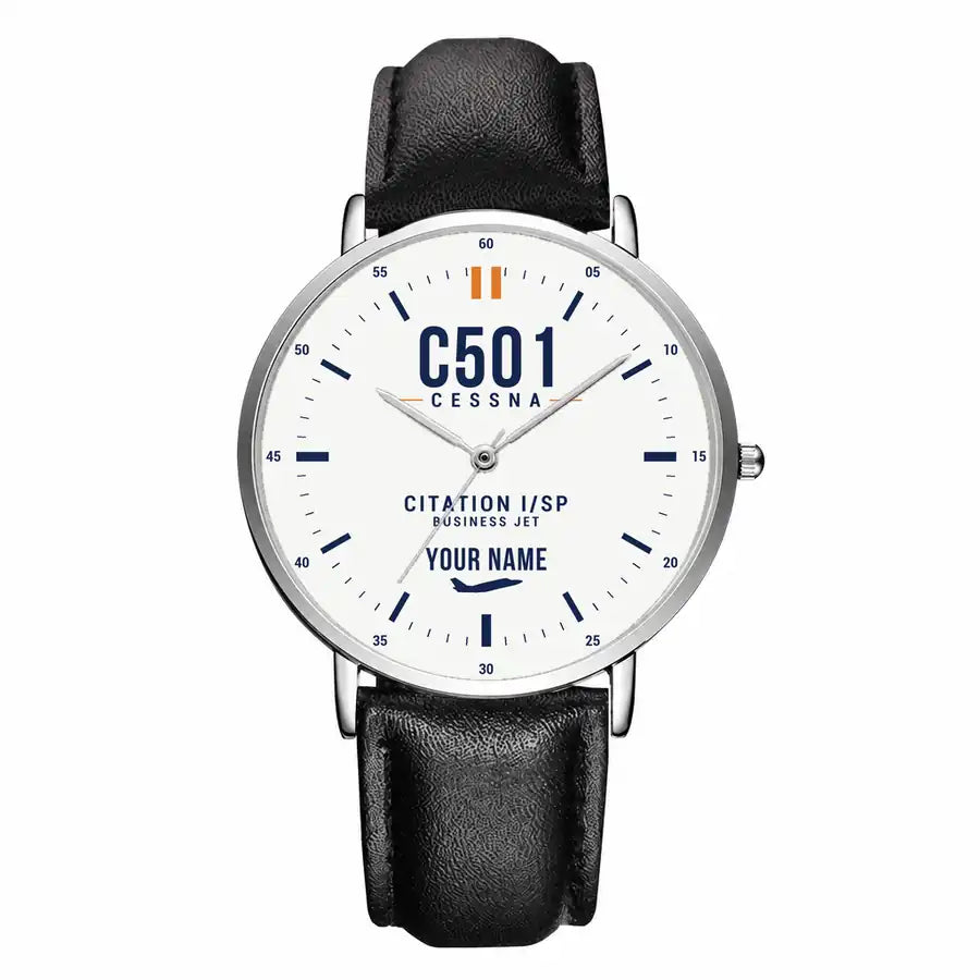 Cessna 501 Citation I SP - Classic - White + Name - Slim Leather - Silver and Black Leather Strap