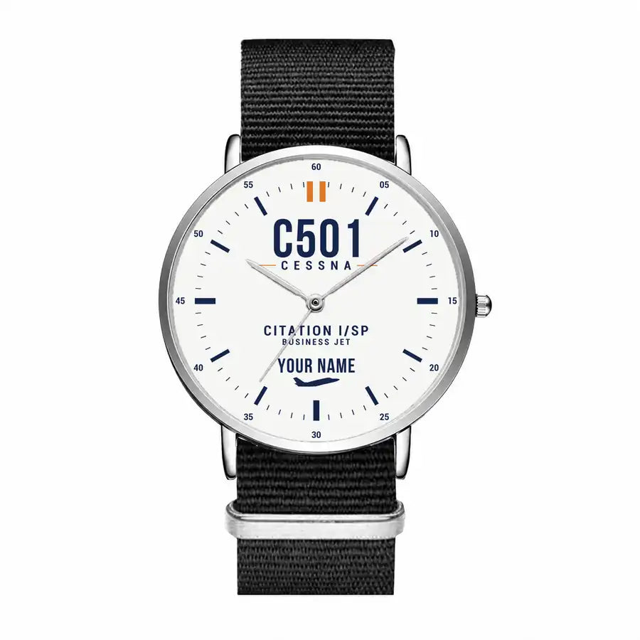 Cessna 501 Citation I SP - Classic - White + Name - Slim Leather - Silver and Black Nylon Strap