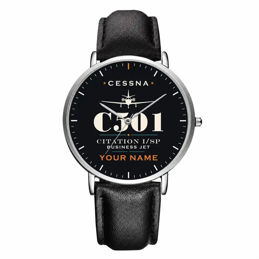 Cessna 501 Citation I SP - Heritage + Name - Slim Leather - Silver and Black Leather Strap