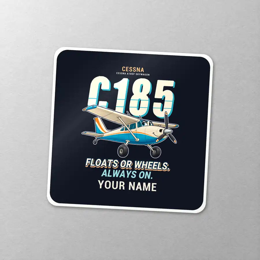 Cessna A185F Skywagon - Cartoon + Name - Square Sticker - Close-up