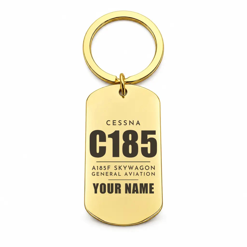 Cessna A185F Skywagon - Key Chain - Tag + Name - Gold