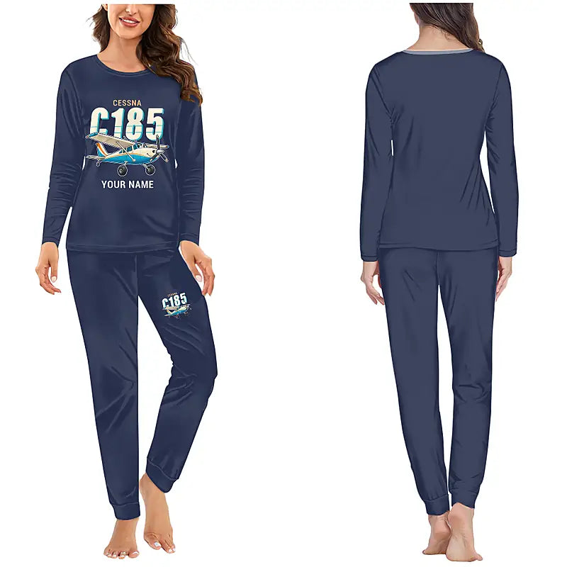 Cessna A185F Skywagon - Women Pajamas - Cartoon Chest + Name - Navy Blue