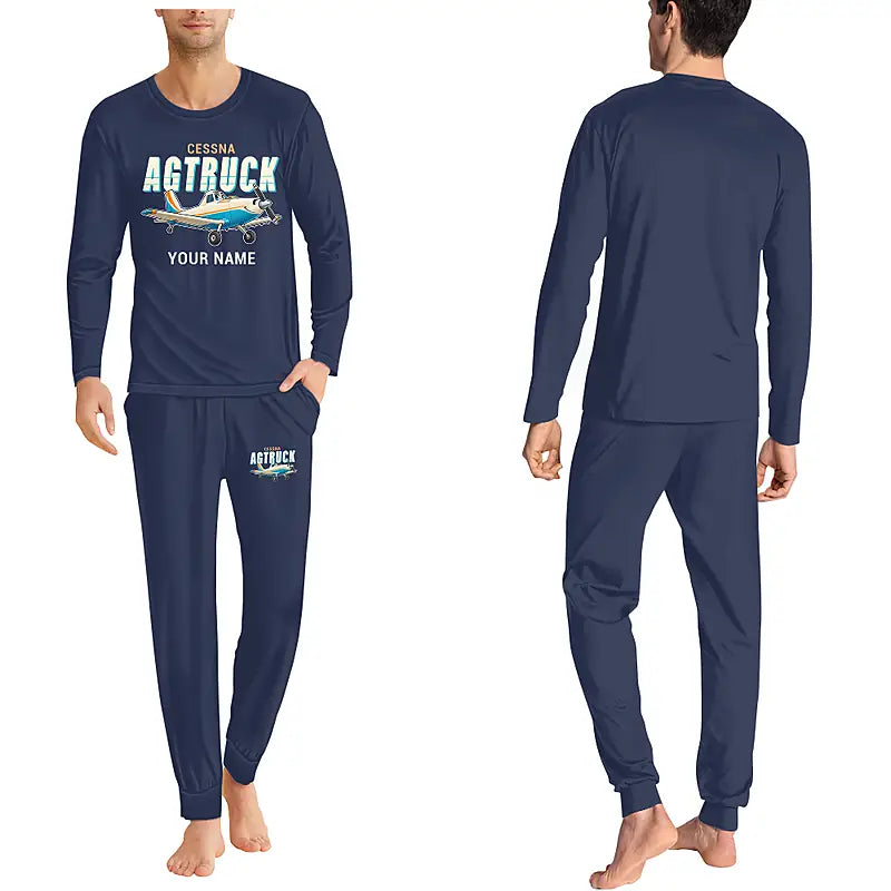 Cessna A188B AgTruck - Men Pajamas - Cartoon Chest + Name - Navy Blue