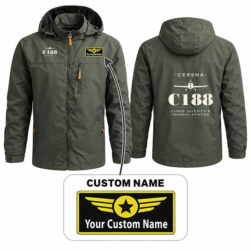 Cessna A188B AgTruck Stylish Jackets - Hooded Windbreaker - Heritage + Name - Olive Green
