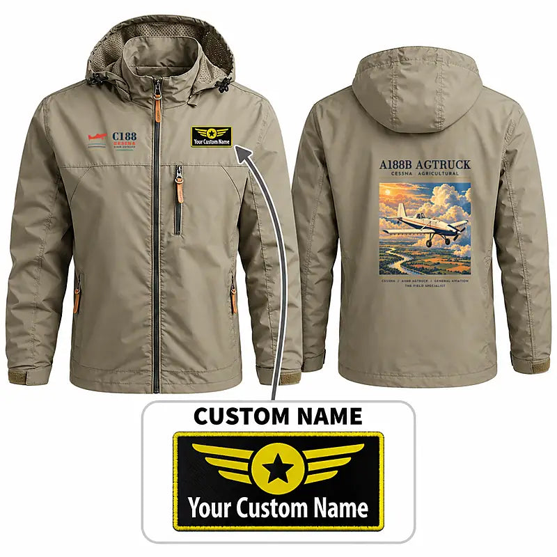 Cessna A188B AgTruck Stylish Jackets - Hooded Windbreaker - Poster + Name - Khaki