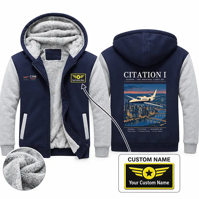 Cessna Citation 500 - Citation I Zipped Sweatshirts - Poster + Name - Navy & Gray