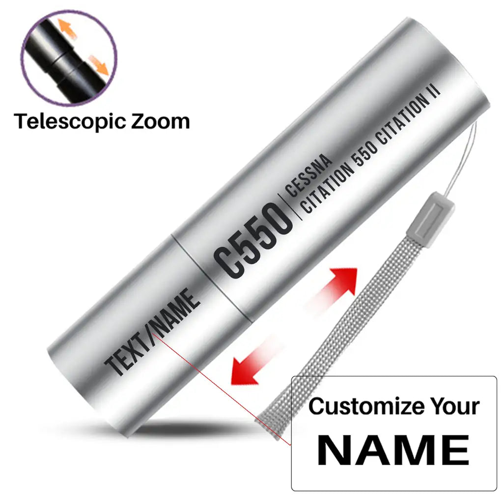 Cessna Citation 550 - Citation II - Mini LED Flashlight - Tag - Silver + Name
