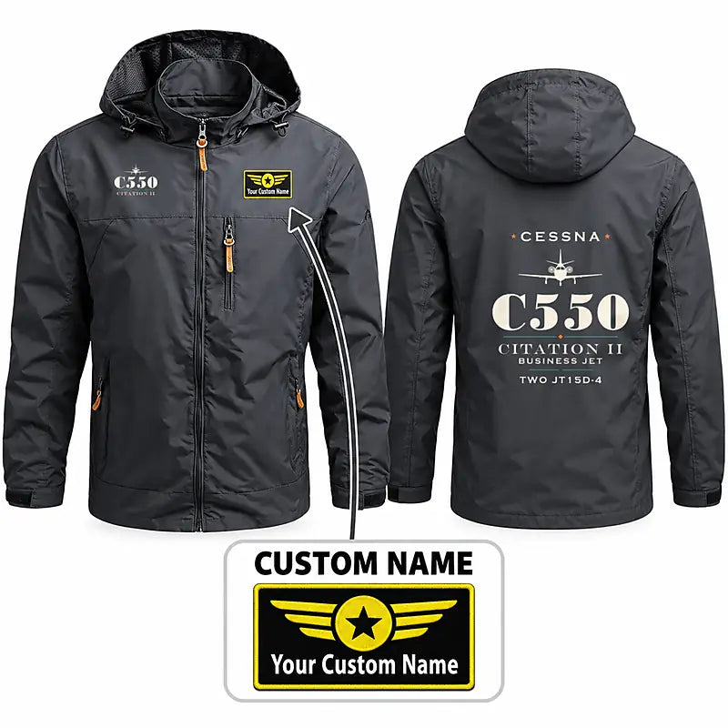 Cessna Citation 550 - Citation II Stylish Jackets - Hooded Windbreaker - Heritage + Name - Charcoal