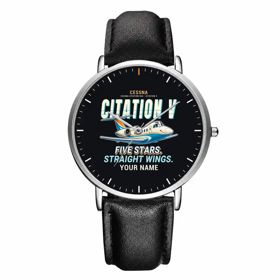 Cessna Citation 560 - Citation V - Cartoon + Name - Slim Leather - Silver and Black Leather Strap