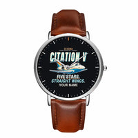 Thumbnail for Cessna Citation 560 - Citation V - Cartoon + Name - Slim Leather - Silver and Brown Leather Strap