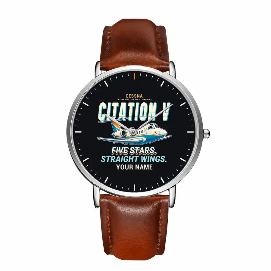 Cessna Citation 560 - Citation V - Cartoon + Name - Slim Leather - Silver and Brown Leather Strap