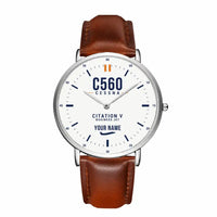 Thumbnail for Cessna Citation 560 - Citation V - Classic - White + Name - Slim Leather - Silver and Brown Leather Strap