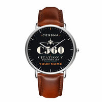 Thumbnail for Cessna Citation 560 - Citation V - Heritage + Name - Slim Leather - Silver and Brown Leather Strap