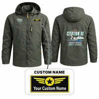Thumbnail for Cessna Citation 650 - Citation III Stylish Jackets - Hooded Windbreaker - Cartoon + Name - Olive Green