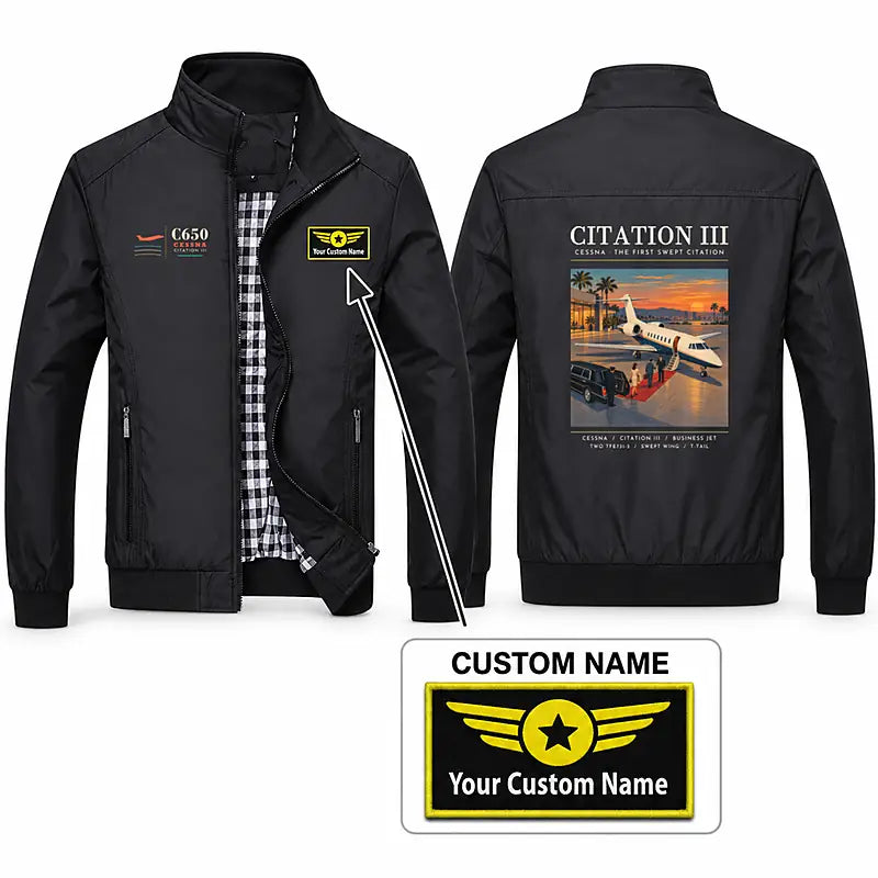 Cessna Citation 650 - Citation III Stylish Jackets - Stand Collar - Poster + Name - Black
