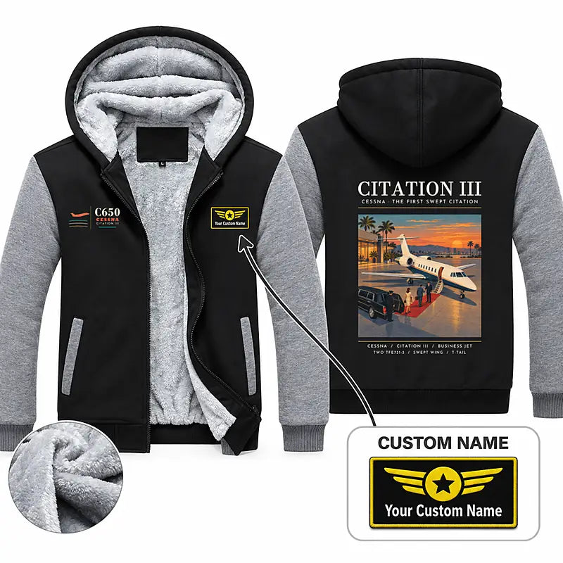 Cessna Citation 650 - Citation III Zipped Sweatshirts - Poster + Name - Black & Gray