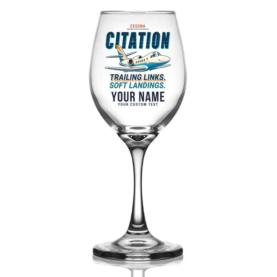 Cessna Citation Bravo - Cartoon + Name - Wine Glass