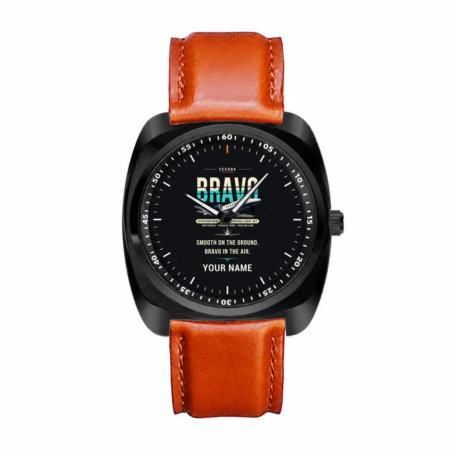 Cessna Citation Bravo - Original + Name - Luxury Cushion - Black and Light Brown Strap