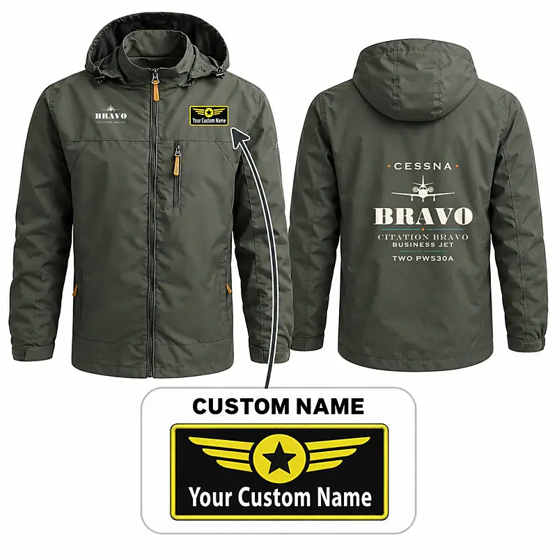 Cessna Citation Bravo Stylish Jackets - Hooded Windbreaker - Heritage + Name - Olive Green