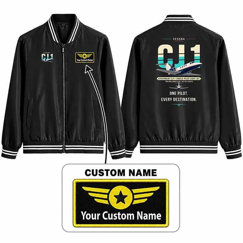 Cessna Citation CJ1+ Stylish Jackets - Baseball Collar - Original + Name - Black