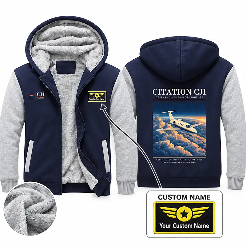 Cessna Citation CJ1+ Zipped Sweatshirts - Poster + Name - Navy & Gray