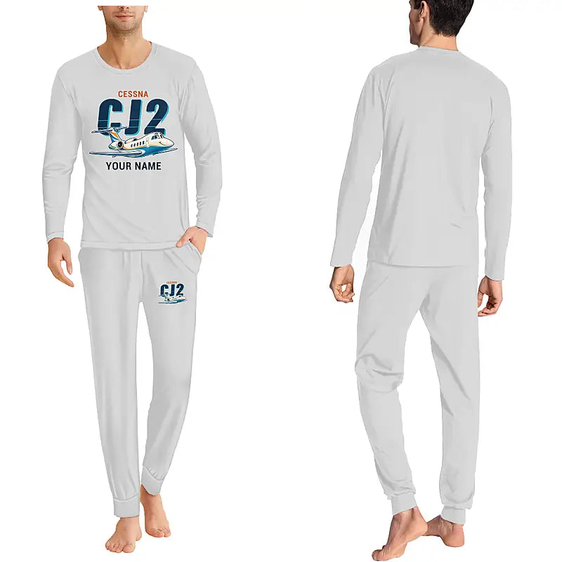 Cessna Citation CJ2+ - Men Pajamas - Cartoon Chest + Name - Light Gray