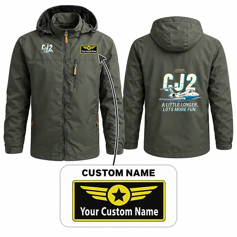 Cessna Citation CJ2+ Stylish Jackets - Hooded Windbreaker - Cartoon + Name - Olive Green