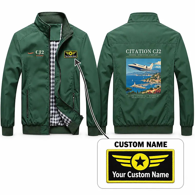Cessna Citation CJ2+ Stylish Jackets - Stand Collar - Poster + Name - Green