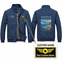 Thumbnail for Cessna Citation CJ2+ Stylish Jackets - Stand Collar - Poster + Name - Navy Blue