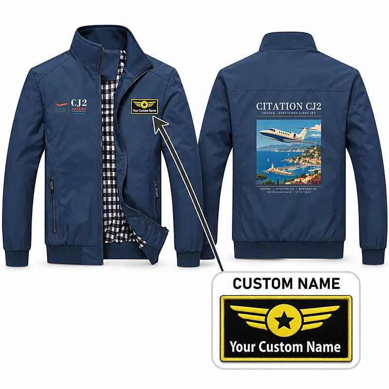 Cessna Citation CJ2+ Stylish Jackets - Stand Collar - Poster + Name - Navy Blue