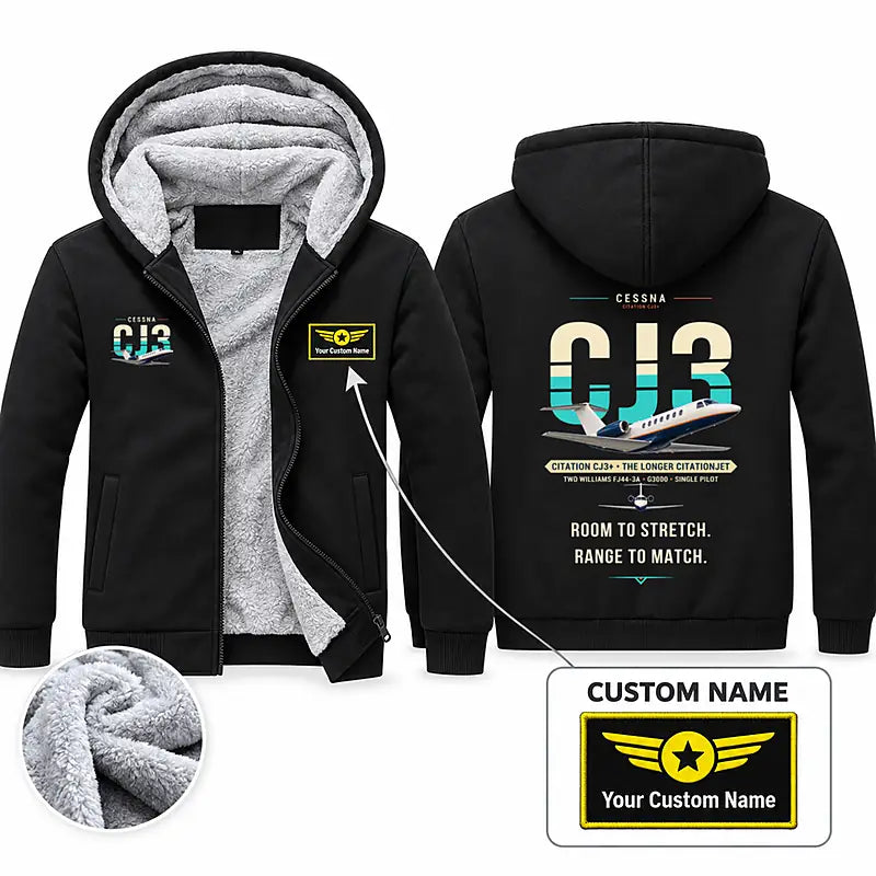 Cessna Citation CJ3+ Zipped Sweatshirts - Original + Name - Black